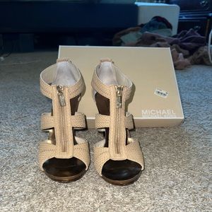Micheal Kors fake snake skin tan strappy heels with zipper size 8.5